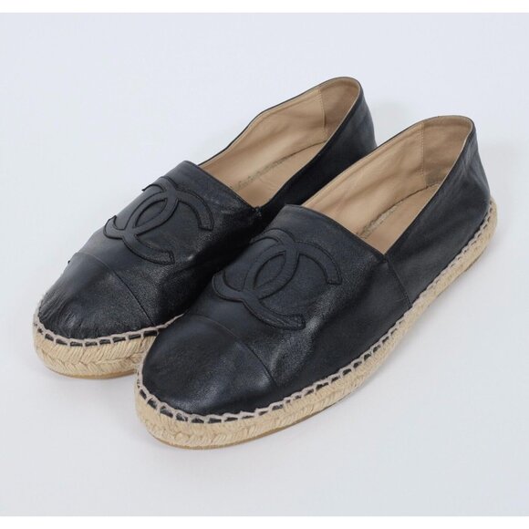 Chanel 40 US 10 espadrilles leather CC logo toecap black flats - Picture 1 of 7